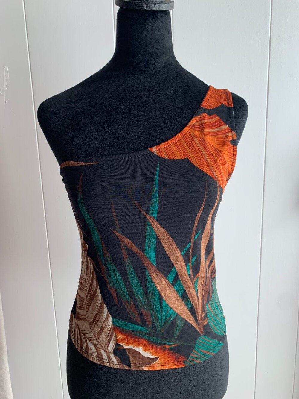 Mind Code One Shoulder Top Tropical Print | Y2K Asymmetrical Mesh Tank L